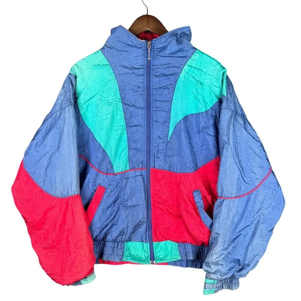Vintage Athletic Works Colorblock Windbreaker Jacket Blue Red Teal Mens Large